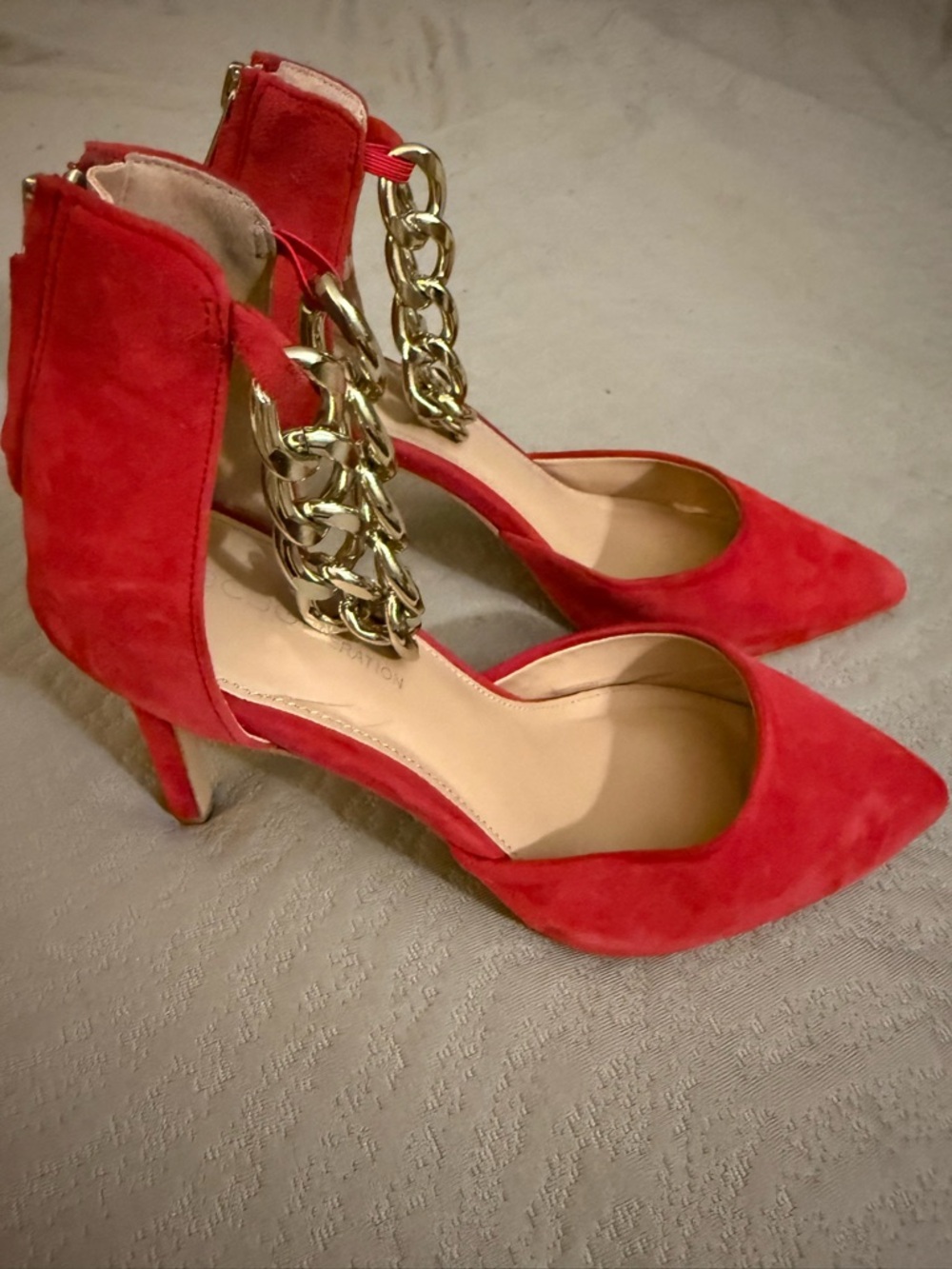 BCBGMaxAzria Red Suede Pointed-Toe Heels with Gold Chain Detail